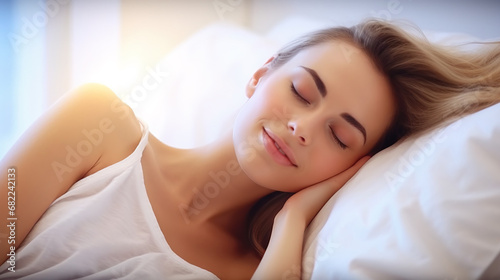 Close-up portrait of young woman taking a nap in bed with white lining