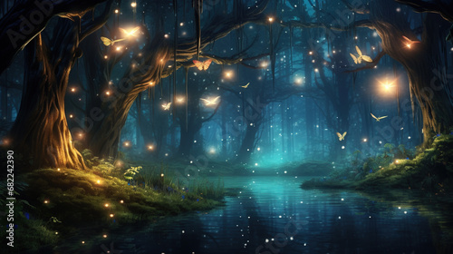 Flittering fireflies flying in the night Fantasy enchanted forest. Fairy tale concept photo