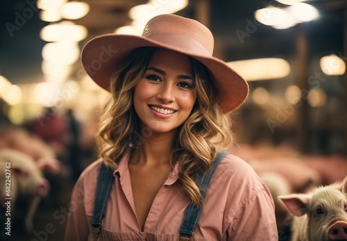 Beautiful white women become pig farmer, inside ranch pig on the background
