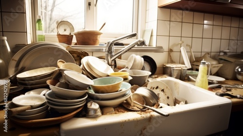 Cluttered Kitchen full of dirty dishes and tableware. Dirty kitchen sink with a huge number of plates and mugs to wash.