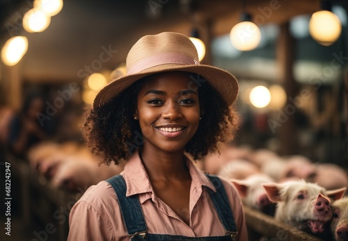 Beautiful black women become pig farmer, inside ranch pig on the background © MochSjamsul