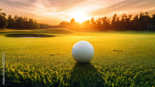 Golf ball on green grass in beautiful golf course at sunset