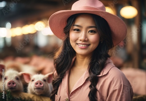 Beautiful asian women become pig farmer, inside ranch pig on the background photo