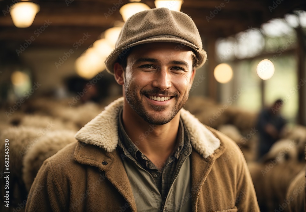 handsome white men become sheep farmer, inside ranch sheep on the background handsome white men become sheep farmer, inside ranch sheep on the background