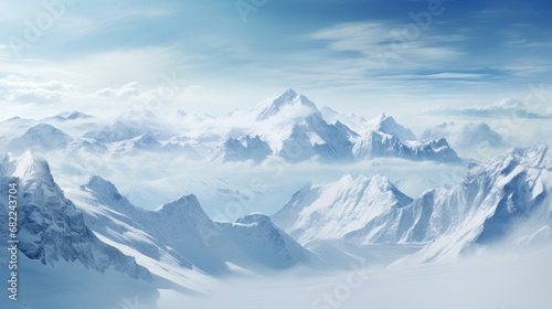  a group of mountains covered in snow under a blue sky with clouds in the foreground and a blue sky with white clouds in the middle of the top of the mountain.