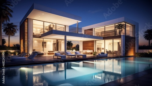 A Luxurious Modern Mansion with a Stunning Nighttime Pool © Marius