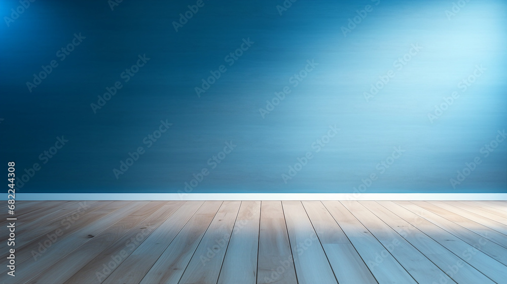 blue wall and wooden floor minimalist interior