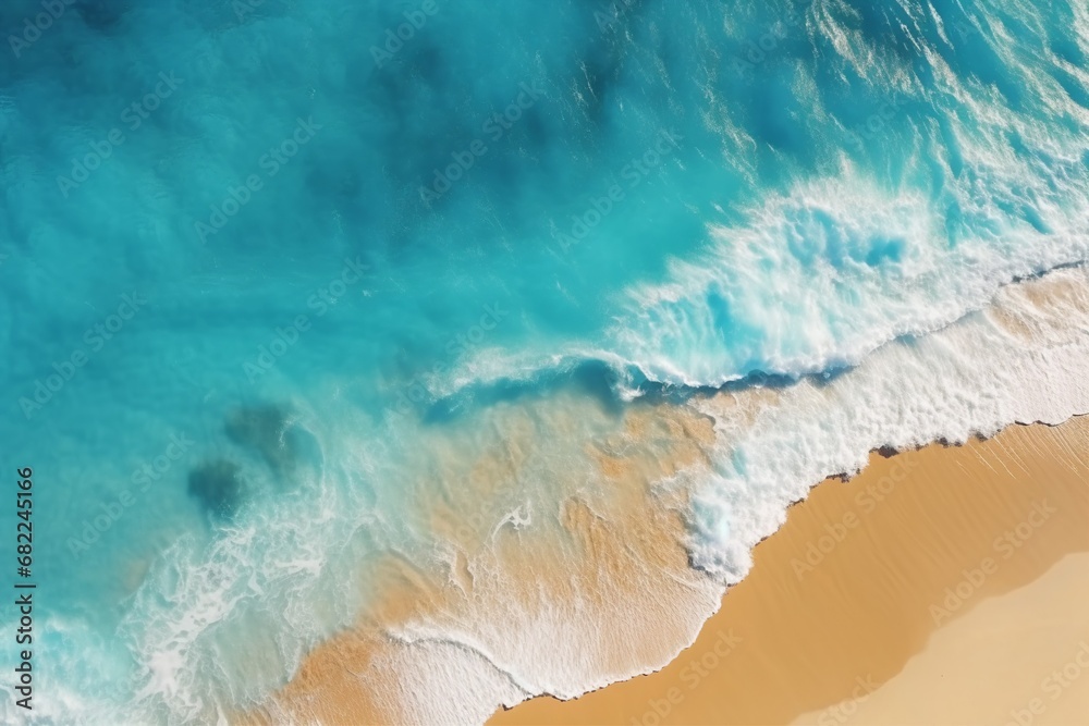 Summer seascape beautiful waves, blue sea water in sunny day. Top view from drone. Sea aerial view, amazing tropical nature background. Beautiful bright sea waves splashing. generative ai.