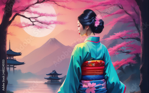 woman, japanese, japan, geisha, sakura, asia, asian, attractive, beautiful, beauty, blossom, blue, charming, cherry, clothing, colorful, colors, costume, culture, cute, decoration, district, dress, dr