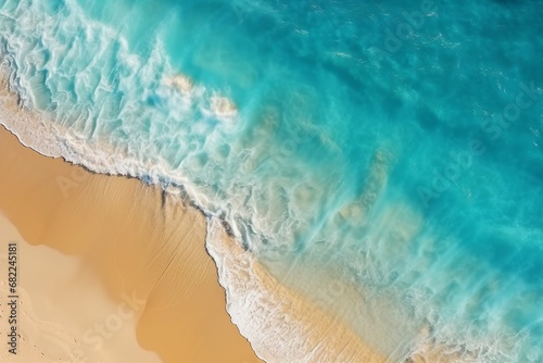 Summer seascape beautiful waves, blue sea water in sunny day. Top view from drone. Sea aerial view, amazing tropical nature background. Beautiful bright sea waves splashing. generative ai.