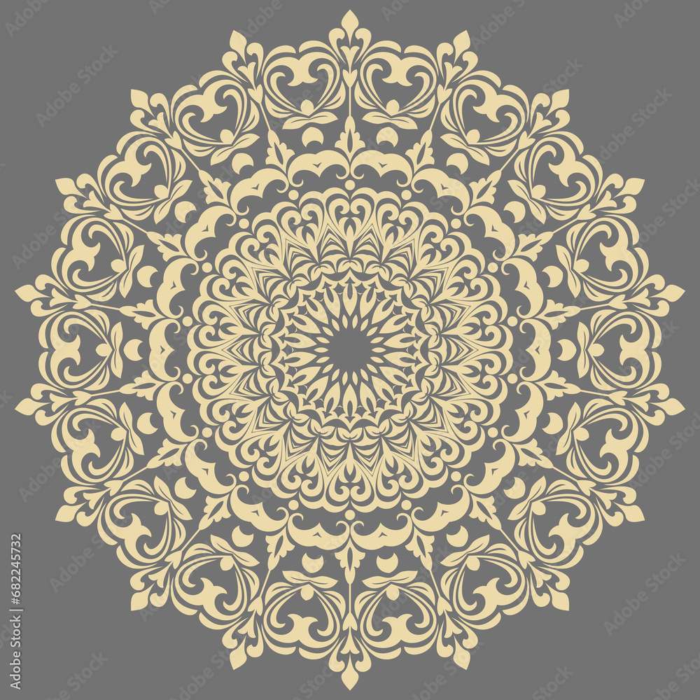 Oriental ornament with arabesques and floral elements. Traditional classic gray and yellow round ornament. Vintage pattern with arabesques