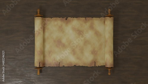 3d animation of a book parchment scroll that unfolds. Old, worn material. A place for text and advertising. 3d rendering.