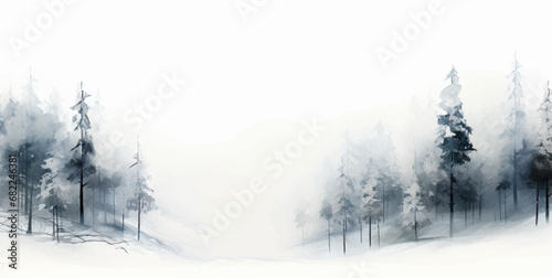 Winter landscape with trees and snowflakes. Watercolor illustration.