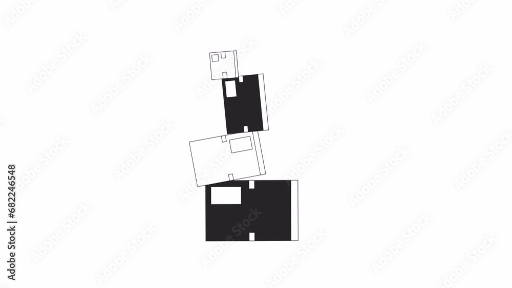 Unsteady pile of cardboard boxes bw outline 2D object animation. Precarious packages stack monochrome linear cartoon 4K video. Unstable stacked parcels animated item isolated on white background Unsteady pile of cardboard boxes bw outline 2D object animation. Precarious packages stack monochrome linear cartoon 4K video. Unstable stacked parcels animated item isolated on white background