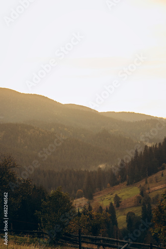 Photo of a picturesque landscape overlooking mountain forests. Dawn in the mountains. Haze covers the countryside. Travel to quiet and serene places. Can be used as banner background, wallpaper.
