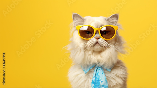 persian peak nose cat wearing sunglasses, and holiday uniforms, laughing on the camera generative ai