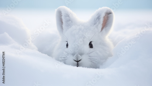 Arctic rabbit looking around with only its face exposed in the white snow