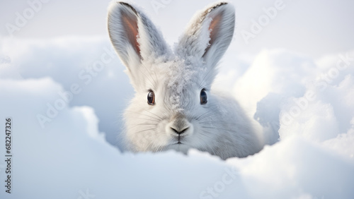 Arctic rabbit looking around with only its face exposed in the white snow
