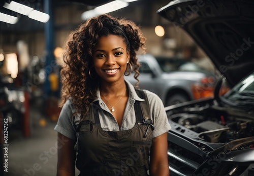 Women doing mechanic for car, wearing mechanic costume, car and mechanic tool on the background