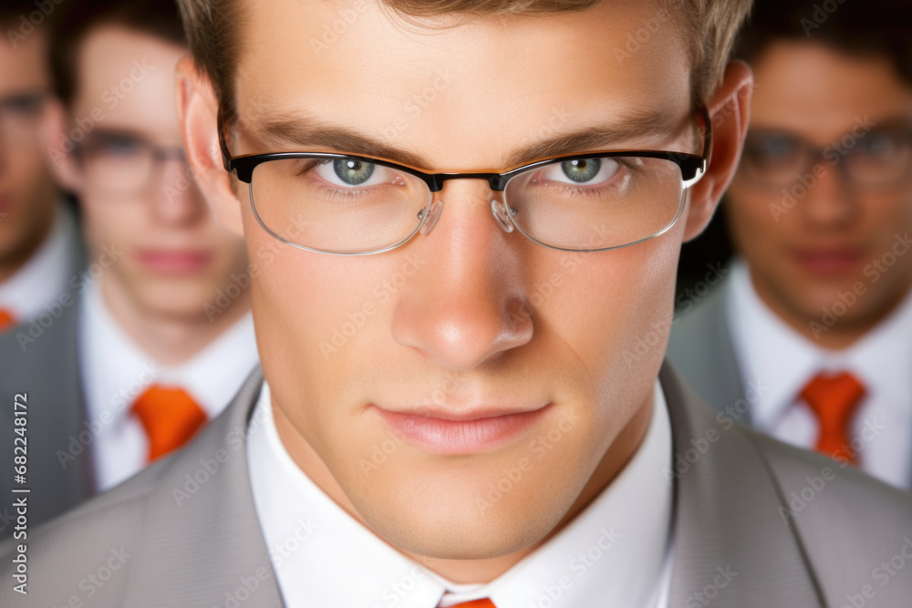 Man dressed in suit and tie is pictured in foreground, while group of men can be seen in background. This image is perfect for illustrating leadership, teamwork, or business meetings Man dressed in suit and tie is pictured in foreground, while group of men can be seen in background. This image is perfect for illustrating leadership, teamwork, or business meetings