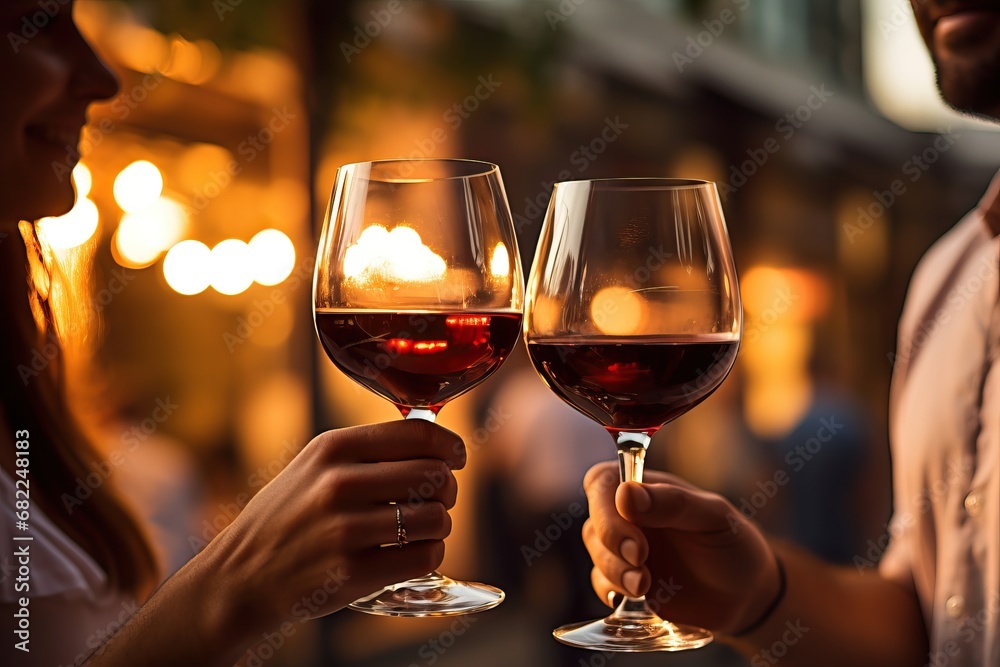 A closeup of a couple celebrating, wine glasses closeup