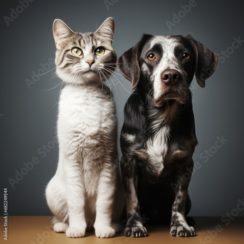 A Feline and Canine Friendship: A Cat and Dog Sitting Side by Side