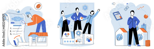 Shop owner. Vector illustration. Promotion activities aim to raise awareness and generate interest in products or services The shop owner diligently managed their business finances to ensure