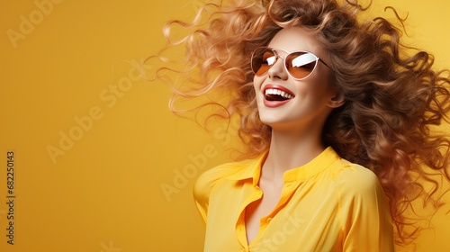 Happy fashion smiling girl with bright clothing in solid light background with AI