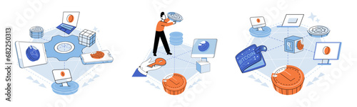 Defi vector illustration. Transactions in crypto space are secure and efficient due to blockchain technology The DeFi metaphor compares financial ecosystem to decentralized and interconnected web