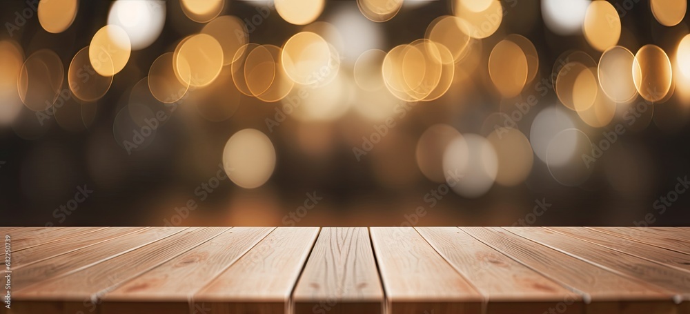 Golden glow. Festive bokeh background on wooden table for christmas celebration. Empty tabletop elegance. Abstract design with shiny gold accents Golden glow. Festive bokeh background on wooden table for christmas celebration. Empty tabletop elegance. Abstract design with shiny gold accents