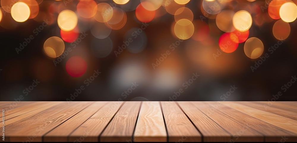 Golden glow. Festive bokeh background on wooden table for christmas celebration. Empty tabletop elegance. Abstract design with shiny gold accents