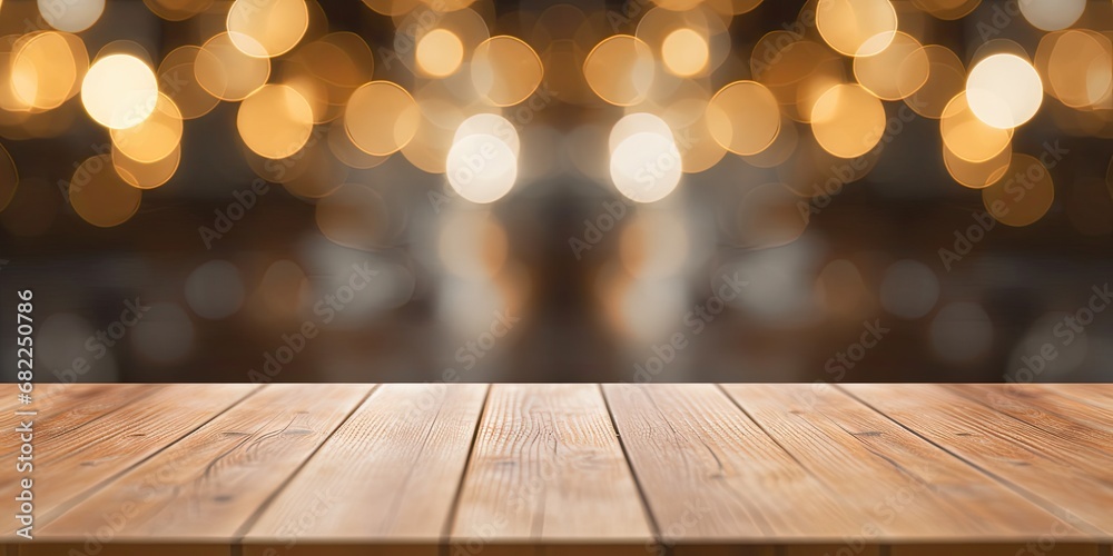 Golden glow. Festive bokeh background on wooden table for christmas celebration. Empty tabletop elegance. Abstract design with shiny gold accents