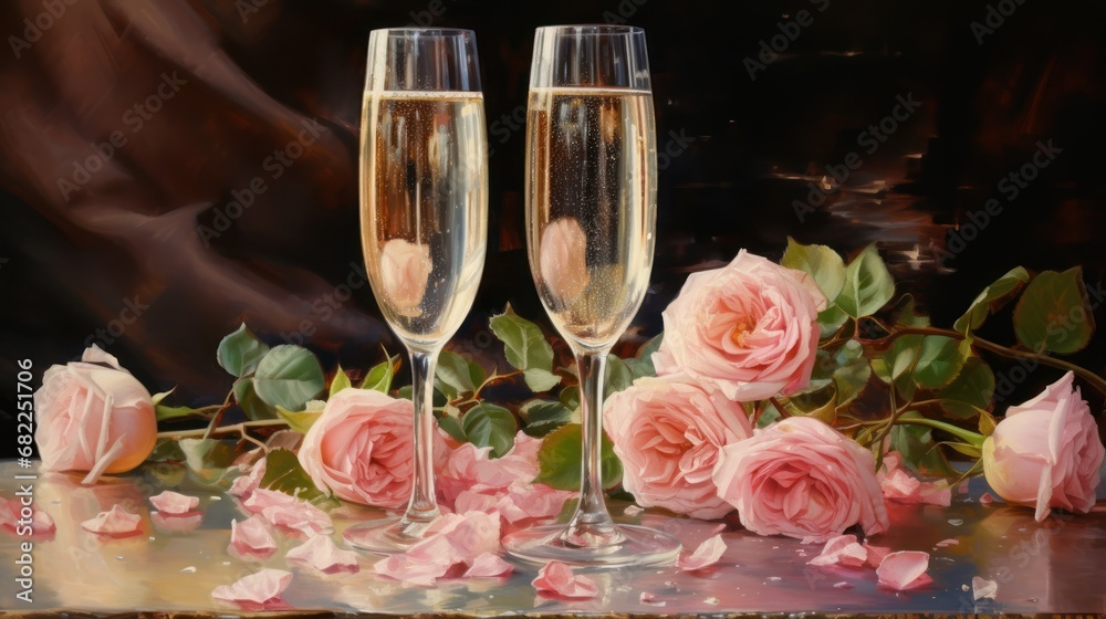 a painting of two champagne flutes with pink roses on a table next to a painting of a bouquet of pink roses and a pair of champagne flutes with pink roses on a table. a painting of two champagne flutes with pink roses on a table next to a painting of a bouquet of pink roses and a pair of champagne flutes with pink roses on a table.