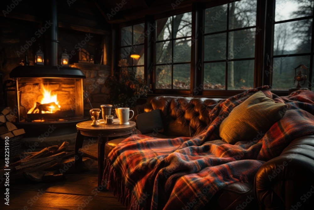 A cozy cabin interior with a roaring fireplace, soft blankets, and a hot cup of tea
