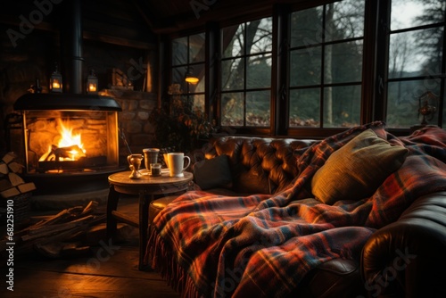 A cozy cabin interior with a roaring fireplace, soft blankets, and a hot cup of tea