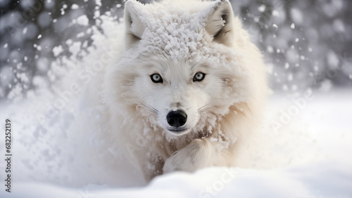 Arctic wolf looking for food in the white snow photo