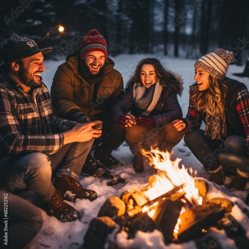 A group of friends gathered around a bonfire in the snow