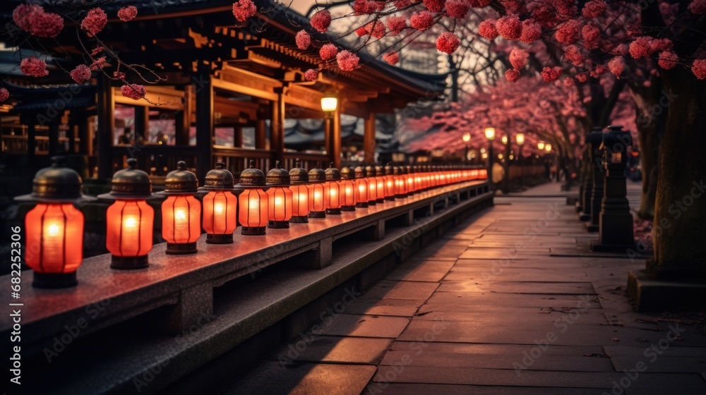 A beautiful landscape photo of a temple or shrine decorated with lanterns and other festive decorations