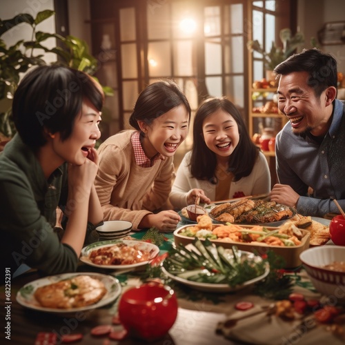 A family gathered around a table, enjoying a traditional Chinese New Year feast featuring dumplings © ArtCookStudio