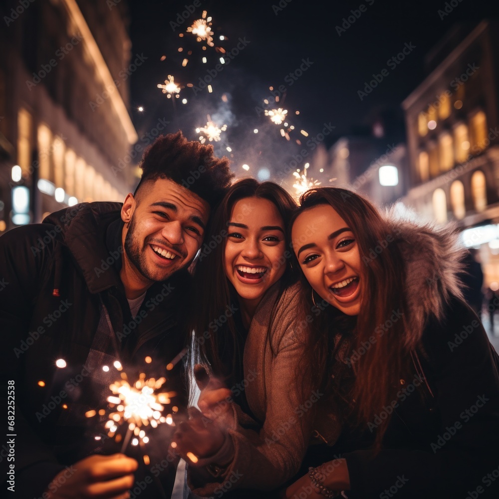 A fun and playful photo of a group of friends watching fireworks in the city A fun and playful photo of a group of friends watching fireworks in the city
