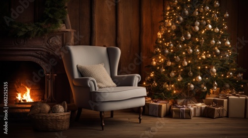 A cozy living room with a decorated Christmas tree and a comfortable armchair