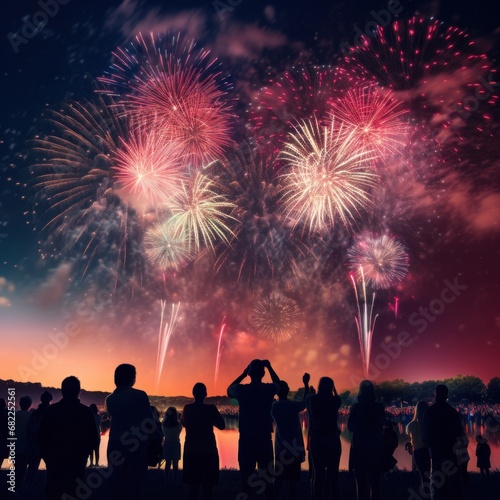 A colorful photo of fireworks bursting in the sky, with a silhouette of people watching in the foreground