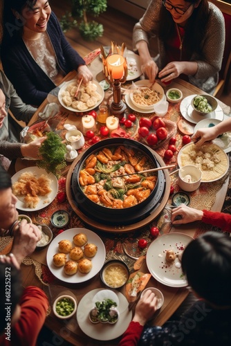 A family gathered around a table, enjoying a traditional Chinese New Year feast featuring dumplings