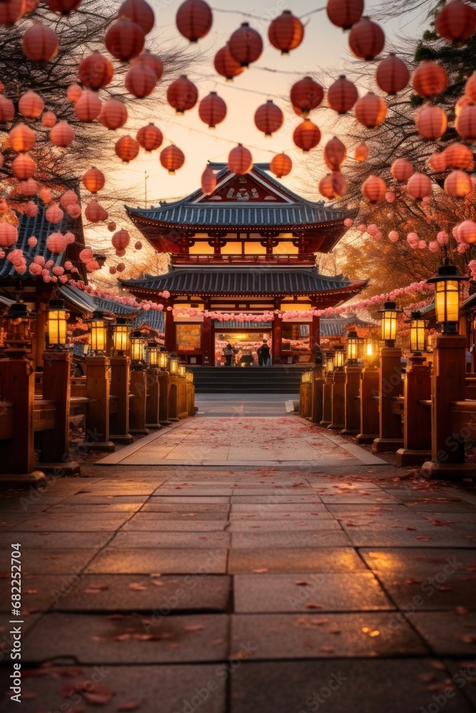 A beautiful landscape photo of a temple or shrine decorated with lanterns and other festive decorations A beautiful landscape photo of a temple or shrine decorated with lanterns and other festive decorations