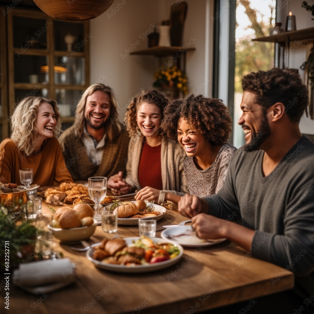 A group of friends gather around a breakfast table, enjoying a warm and hearty meal together