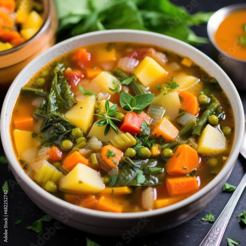 A hearty and healthy vegetable soup with chunks of colorful veggies and sprig of fresh herbs on top