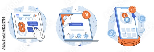 Bitcoin vector illustration. Cash transactions are being replaced by digital payments facilitated by blockchain networks The network blockchain technology ensures secure and transparent financial