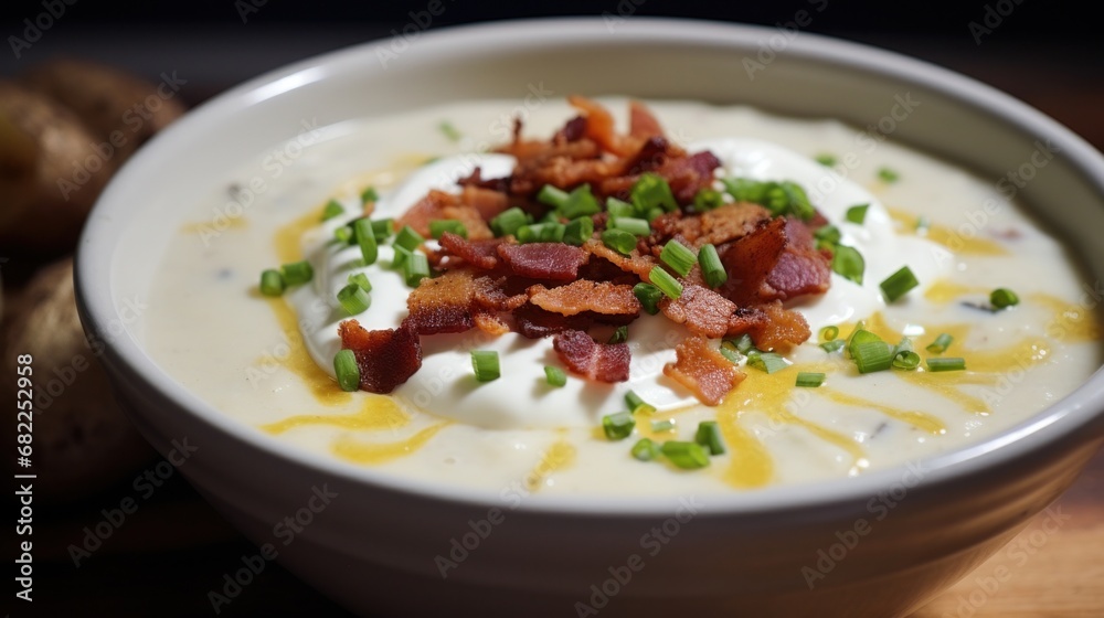 A creamy and comforting potato soup with bits of crispy bacon and a dollop of sour cream on top A creamy and comforting potato soup with bits of crispy bacon and a dollop of sour cream on top