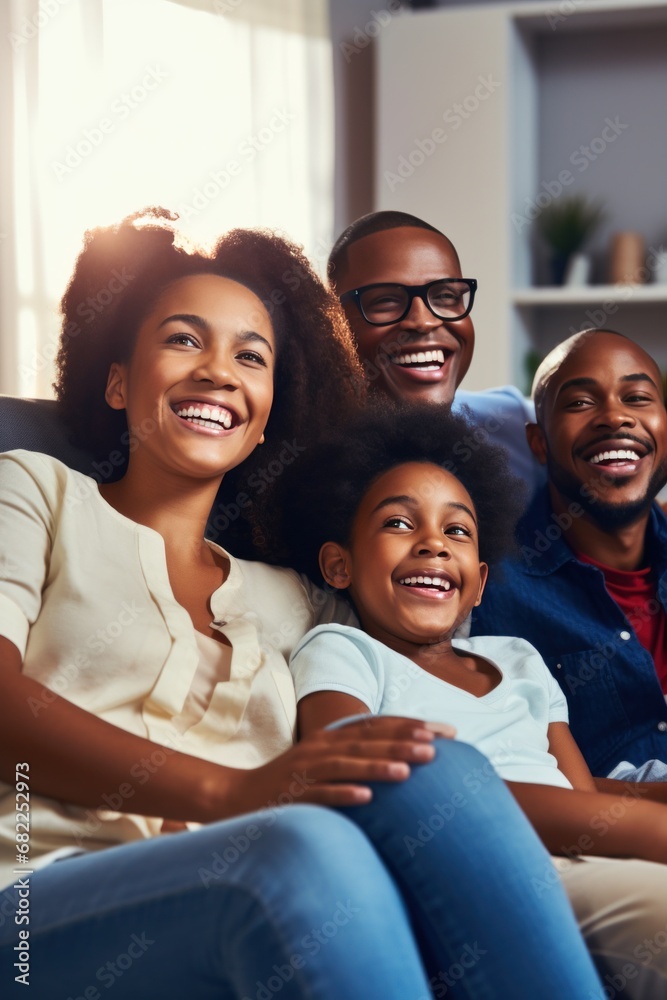 A happy family of four sitting on a comfortable couch, with big smiles on their faces A happy family of four sitting on a comfortable couch, with big smiles on their faces