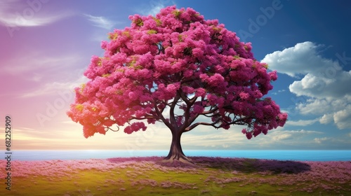 backdrop of a vibrant spring season  the magnificent tree with its blooming branches stands tall  showcasing the beauty of natures natural and plant filled canvas.